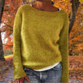 Yellow women’s merino wool crewneck knit sweater, relaxed fit, long sleeves