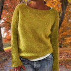 Yellow women’s merino wool crewneck knit sweater, relaxed fit, long sleeves