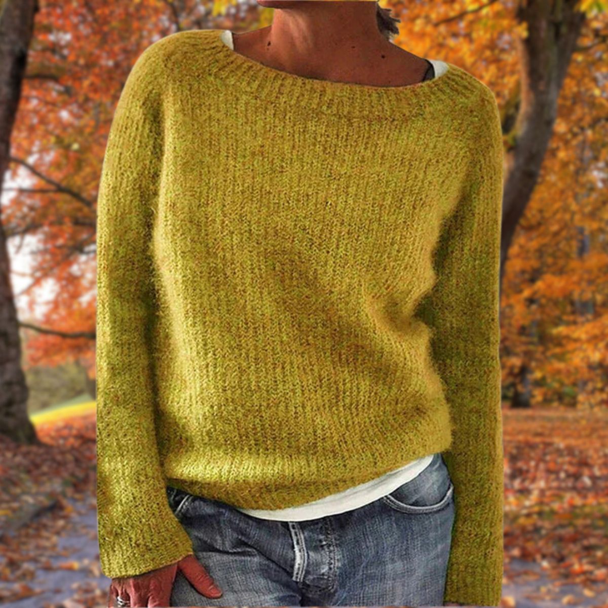 Yellow women’s merino wool crewneck knit sweater, relaxed fit, long sleeves