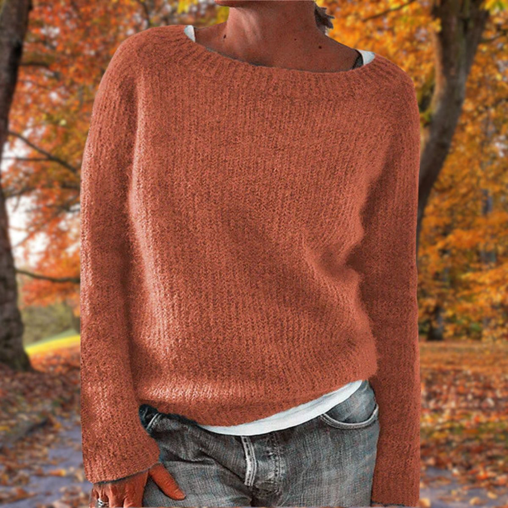Rust-brown women’s merino wool crewneck knit sweater, relaxed fit, long sleeves