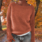 Rust-brown women’s merino wool crewneck knit sweater, relaxed fit, long sleeves