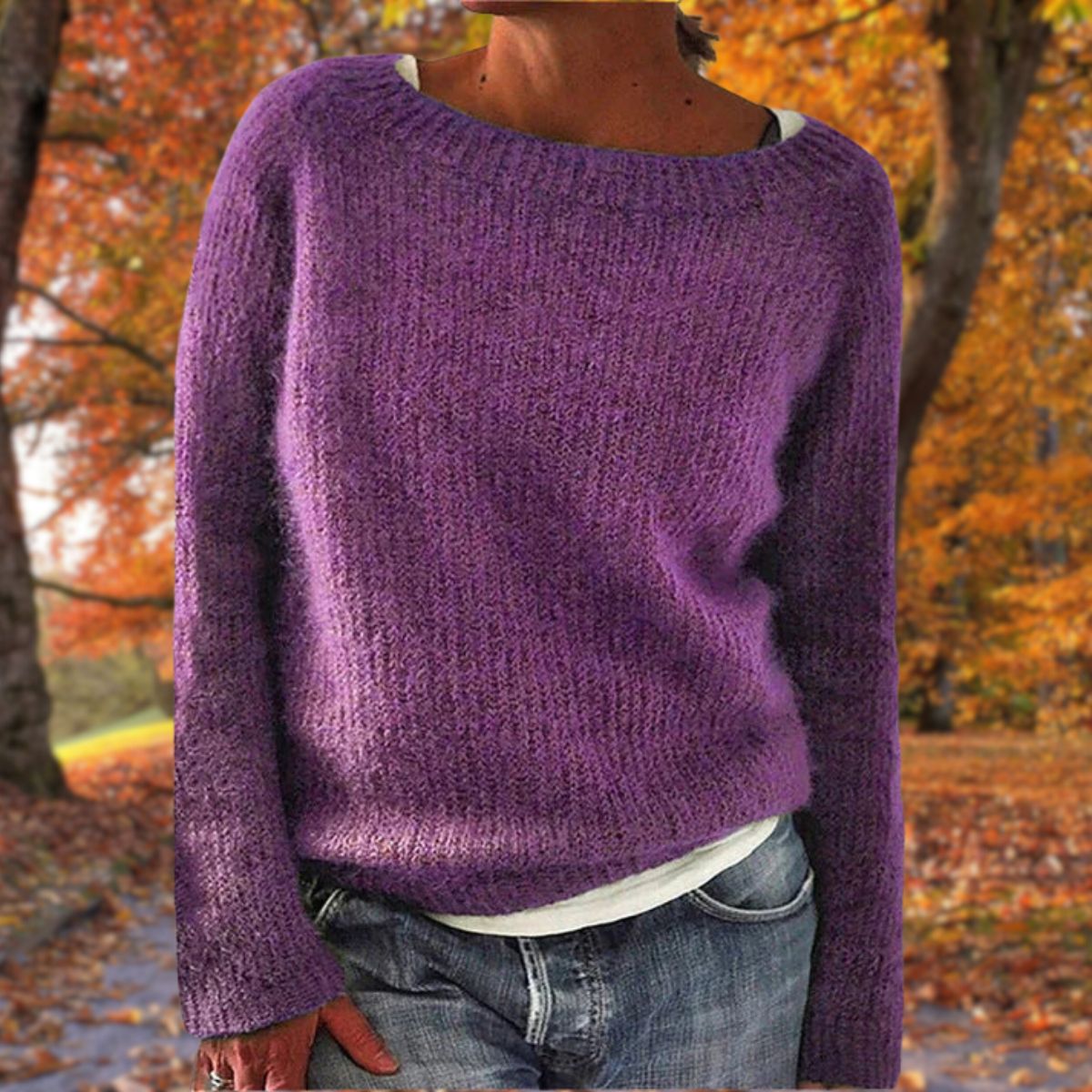 Purple women’s merino wool crewneck knit sweater, relaxed fit, long sleeves