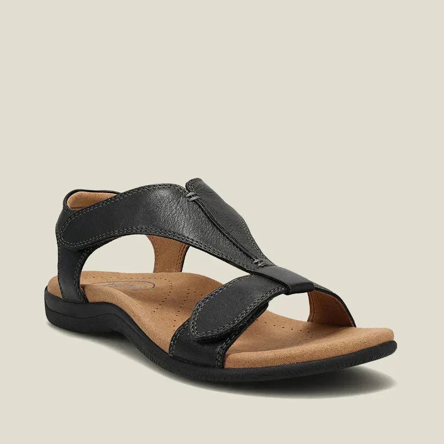 Black adjustable strap sandals with open toe and cushioned sole