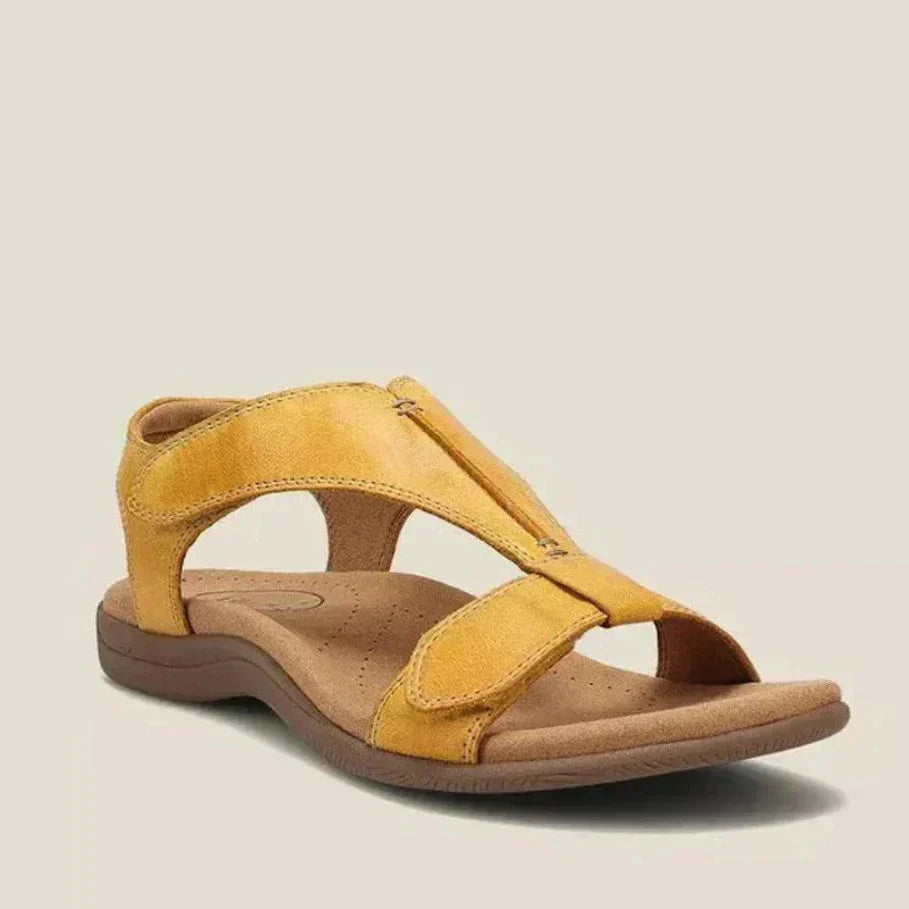 Yellow adjustable strap sandals with open toe and cushioned outsole