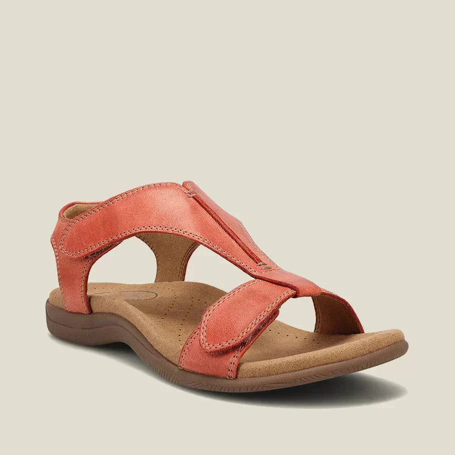 Salmon-pink adjustable strap sandals with open toe and comfort sole