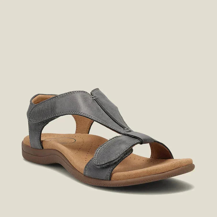 Grey adjustable strap sandals with open toe and thick comfort sole