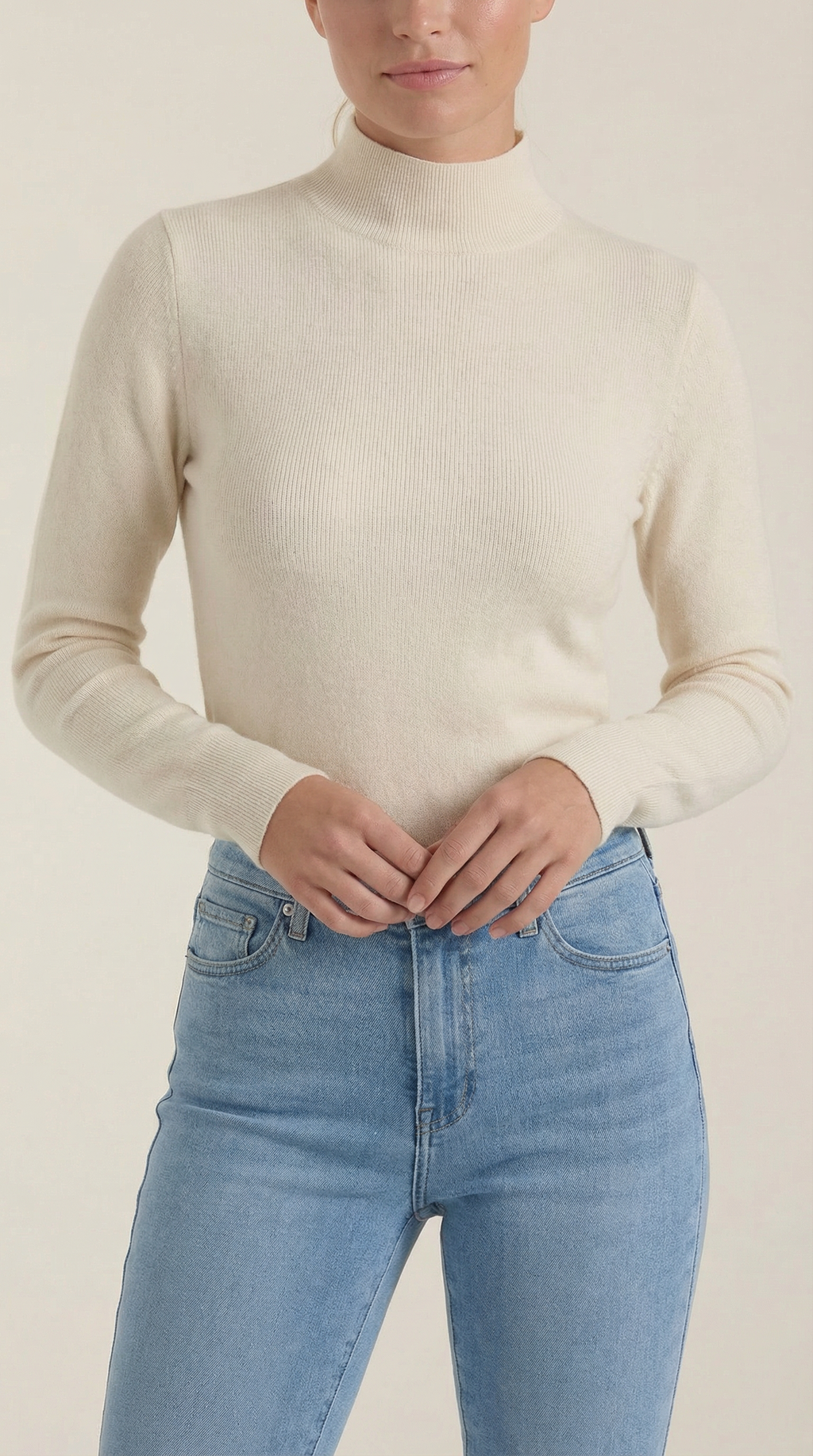 Women's cotton mock neck top, beige close-up of mock neck and long sleeves