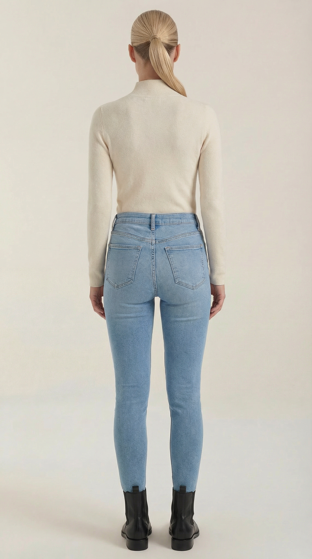 Women's cotton mock neck top, beige long-sleeve knit shown from back