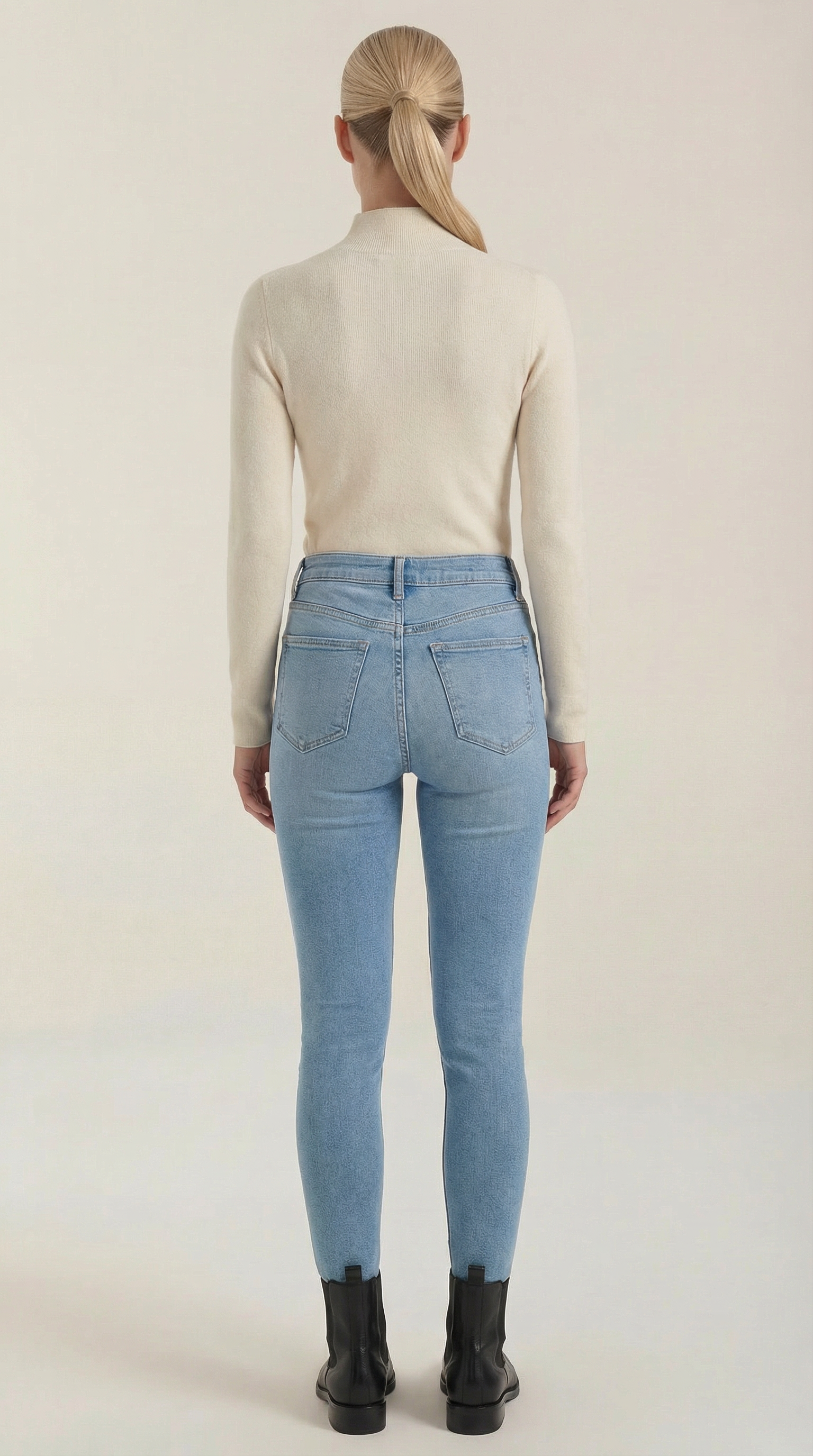 Women's cotton mock neck top, beige long-sleeve knit shown from back
