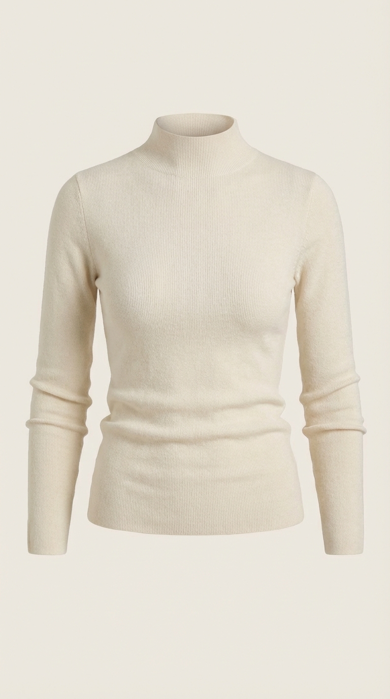 Women's cotton mock neck top, beige long-sleeve knit on a flat layout