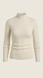 Women's cotton mock neck top, beige long-sleeve knit on a flat layout