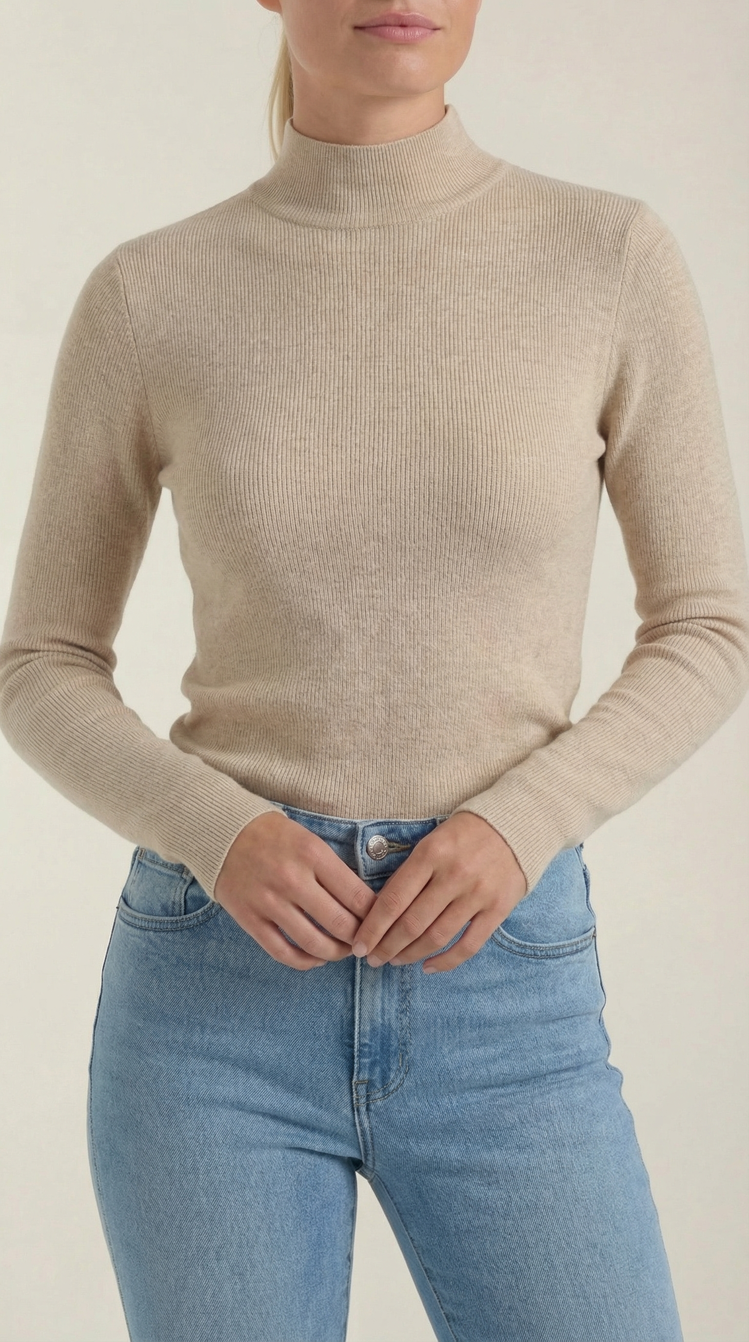 Women’s cotton mock neck top, beige, long sleeves, ribbed knit hem and cuffs