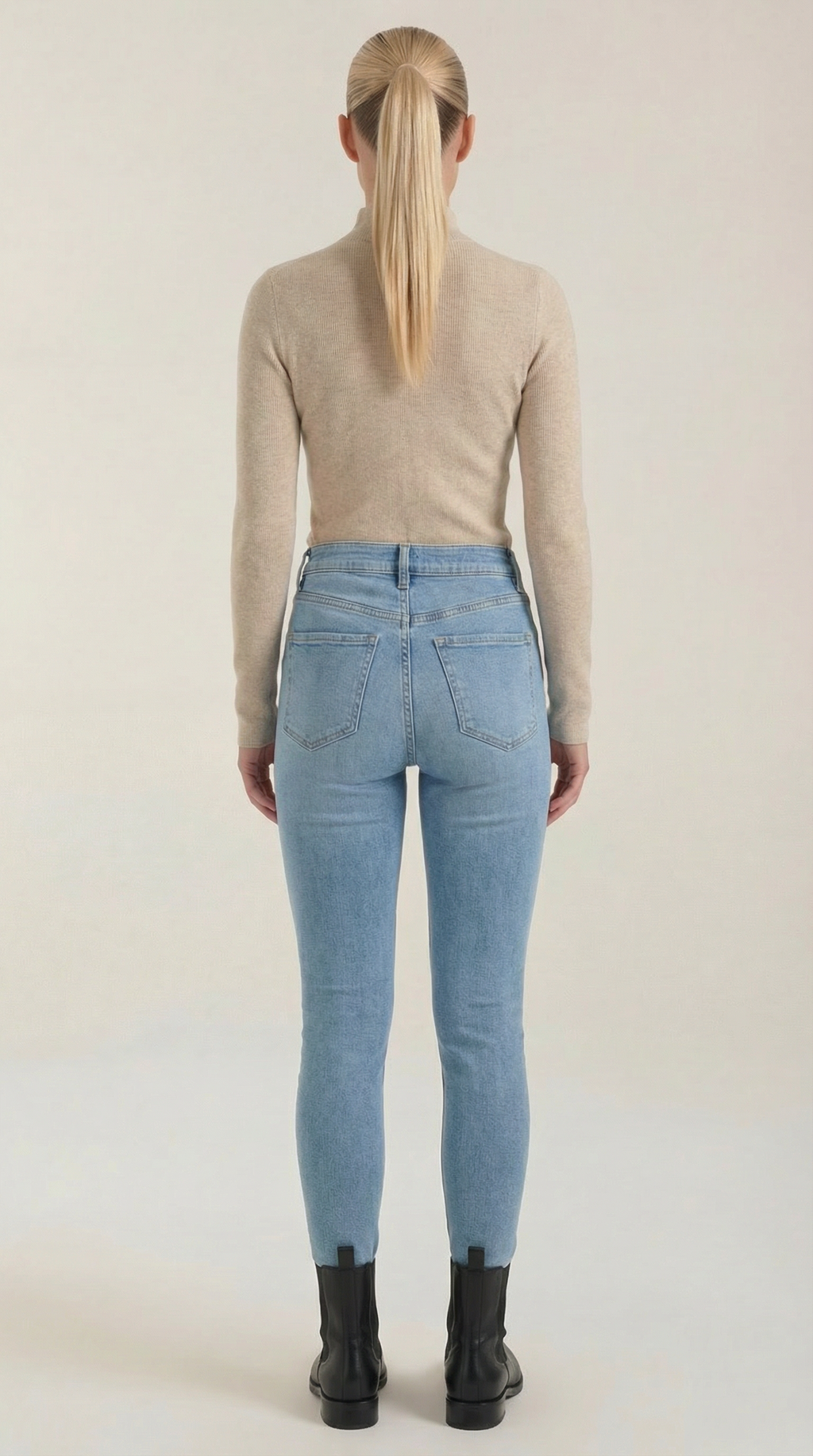 Women’s cotton mock neck top, beige, back view, long sleeves, ribbed knit