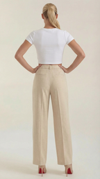 Pleated high-rise wide-leg pants in beige, high waist and wide cropped-leg hem