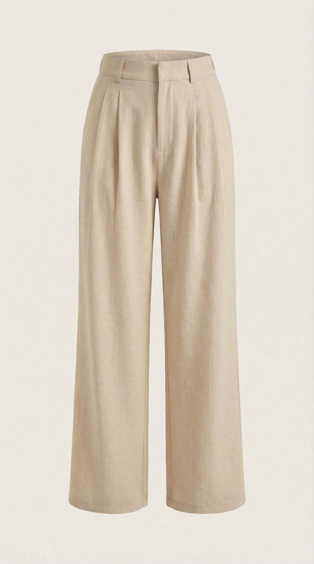 Beige pleated high-rise wide-leg pants, flat front with belt loops and wide legs