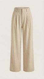 Beige pleated high-rise wide-leg pants, flat front with belt loops and wide legs