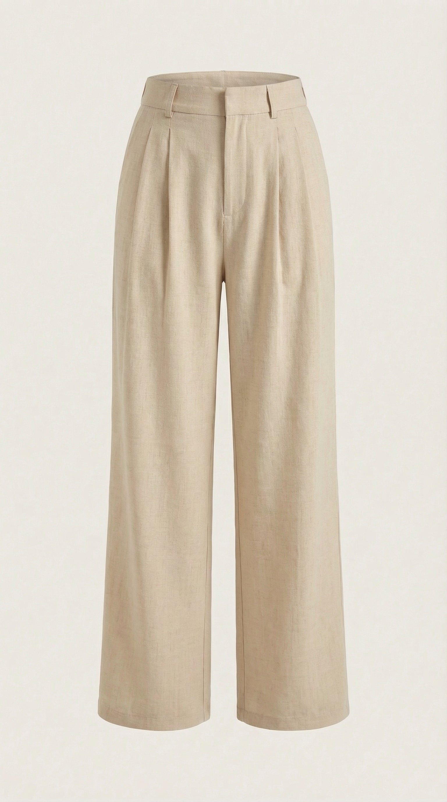Beige pleated high-rise wide-leg pants, flat front with belt loops and wide legs