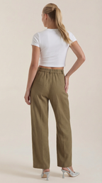 High-rise wide-leg pants in olive green with elastic waistband and straight wide legs