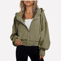 Women’s cropped zip hoodie with hood, front zipper, kangaroo pockets, olive green