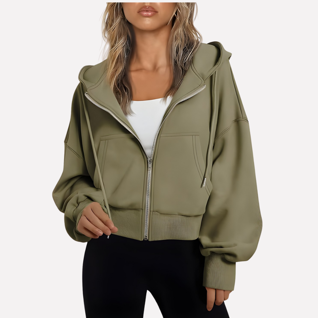 Women’s cropped zip hoodie with hood, front zipper, kangaroo pockets, olive green