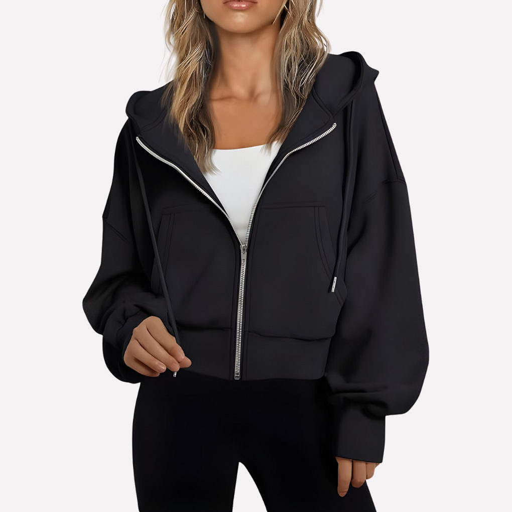Women’s cropped zip hoodie with hood, front zipper, kangaroo pockets, black