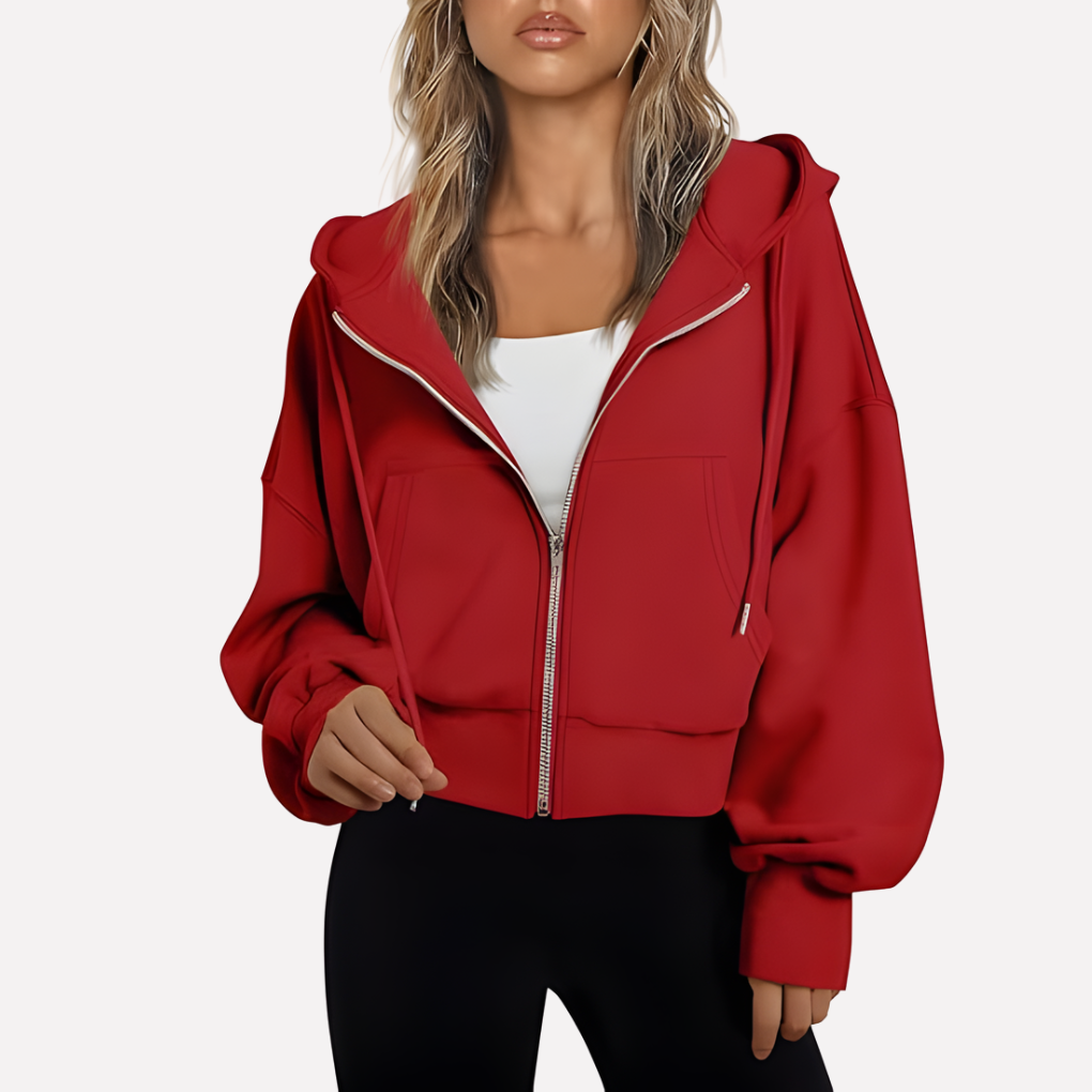 Women's zip-front cropped hoodie in red with hood, drawstring, and front pockets