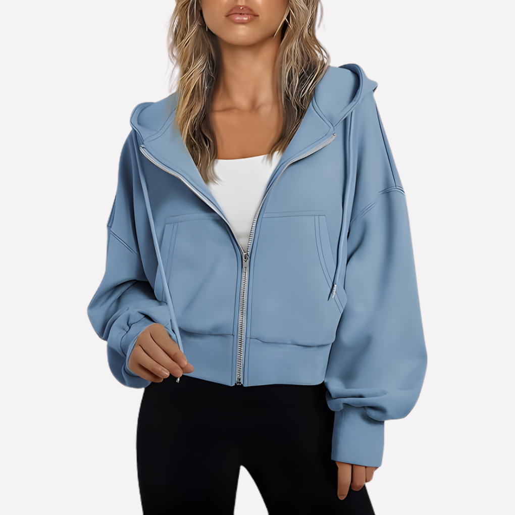 Women’s cropped zip hoodie with hood, front zipper, kangaroo pockets, light blue