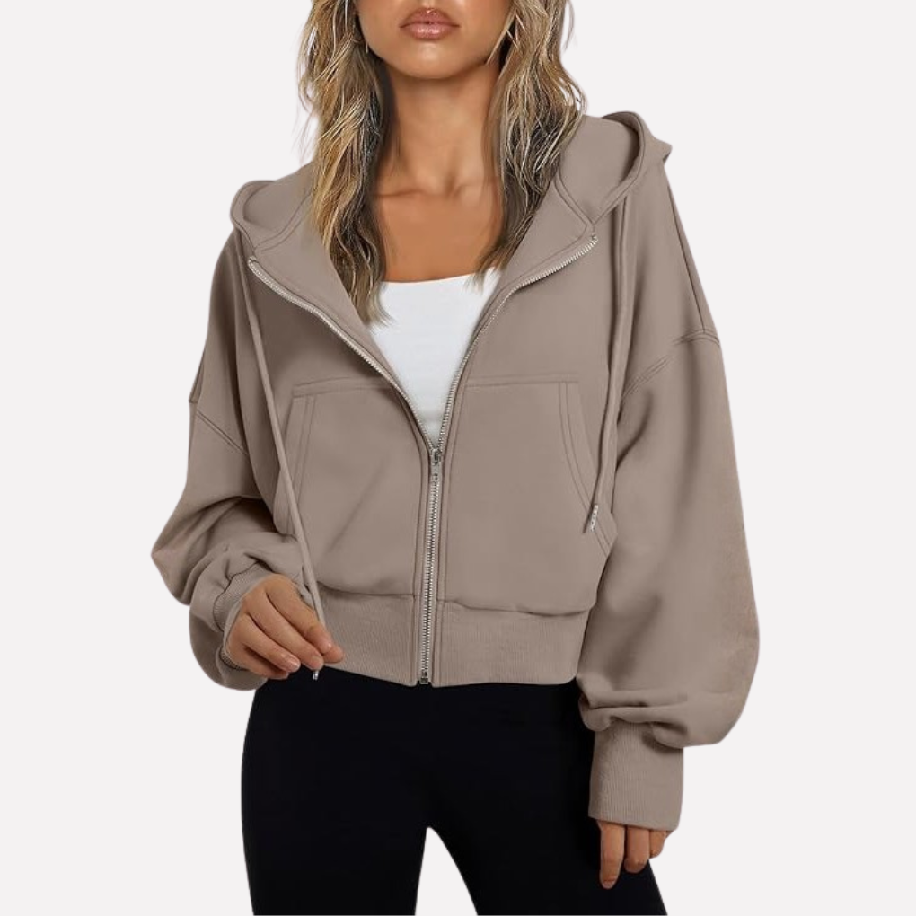 Women’s cropped zip hoodie with hood, front zipper, kangaroo pockets, taupe