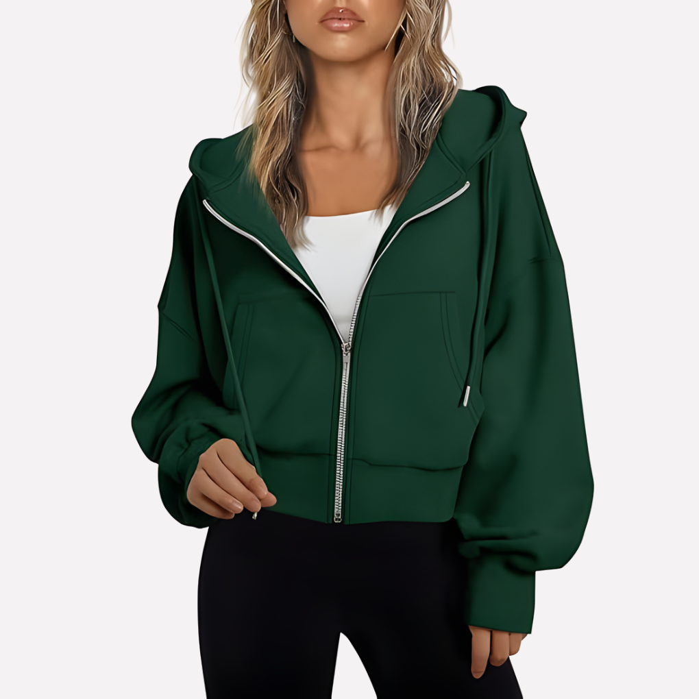 Women’s cropped zip hoodie with hood, front zipper, kangaroo pockets, dark green