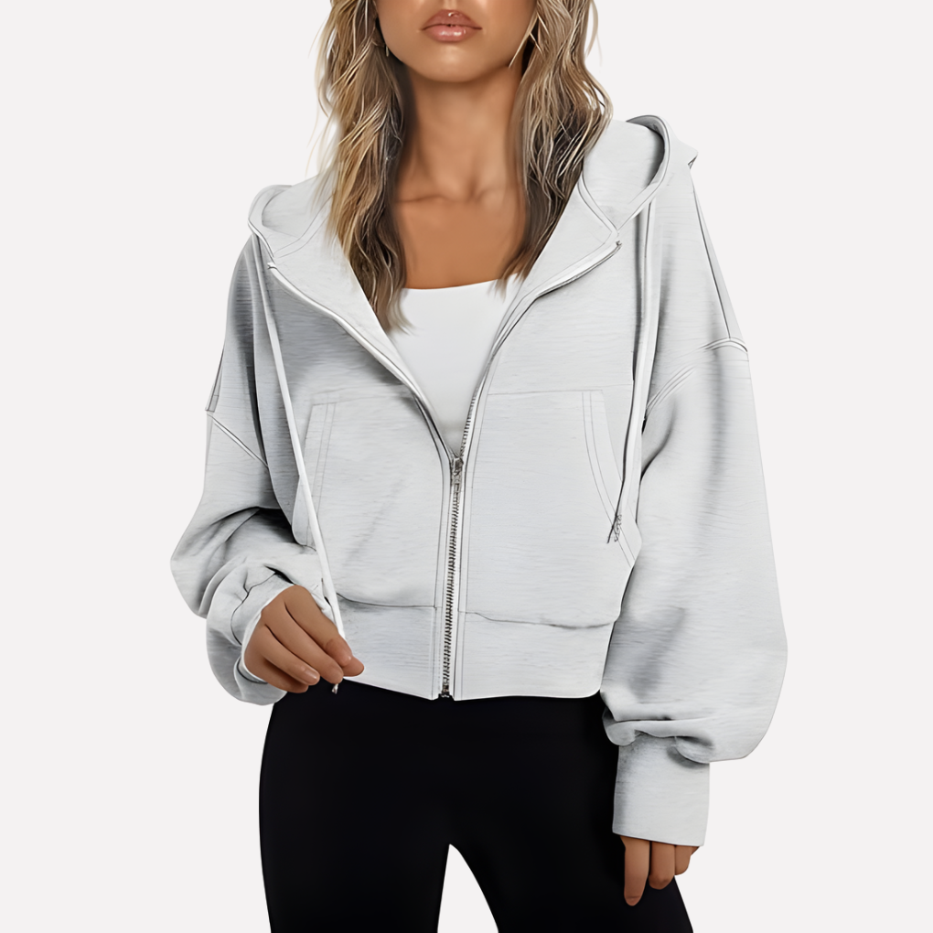 Women’s cropped zip hoodie with hood, front zipper, kangaroo pockets, light grey