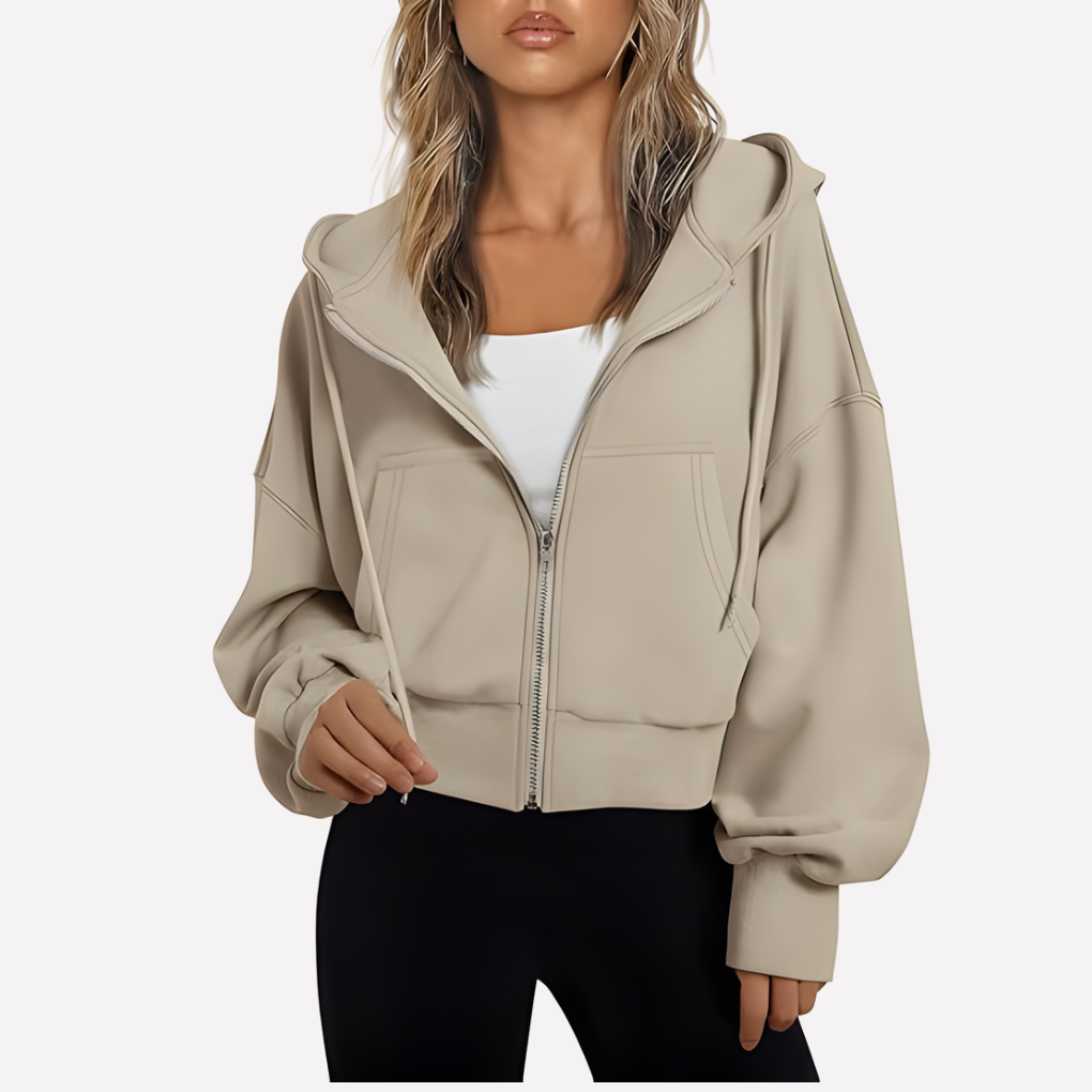 Women’s cropped zip hoodie with hood, front zipper, kangaroo pockets, beige