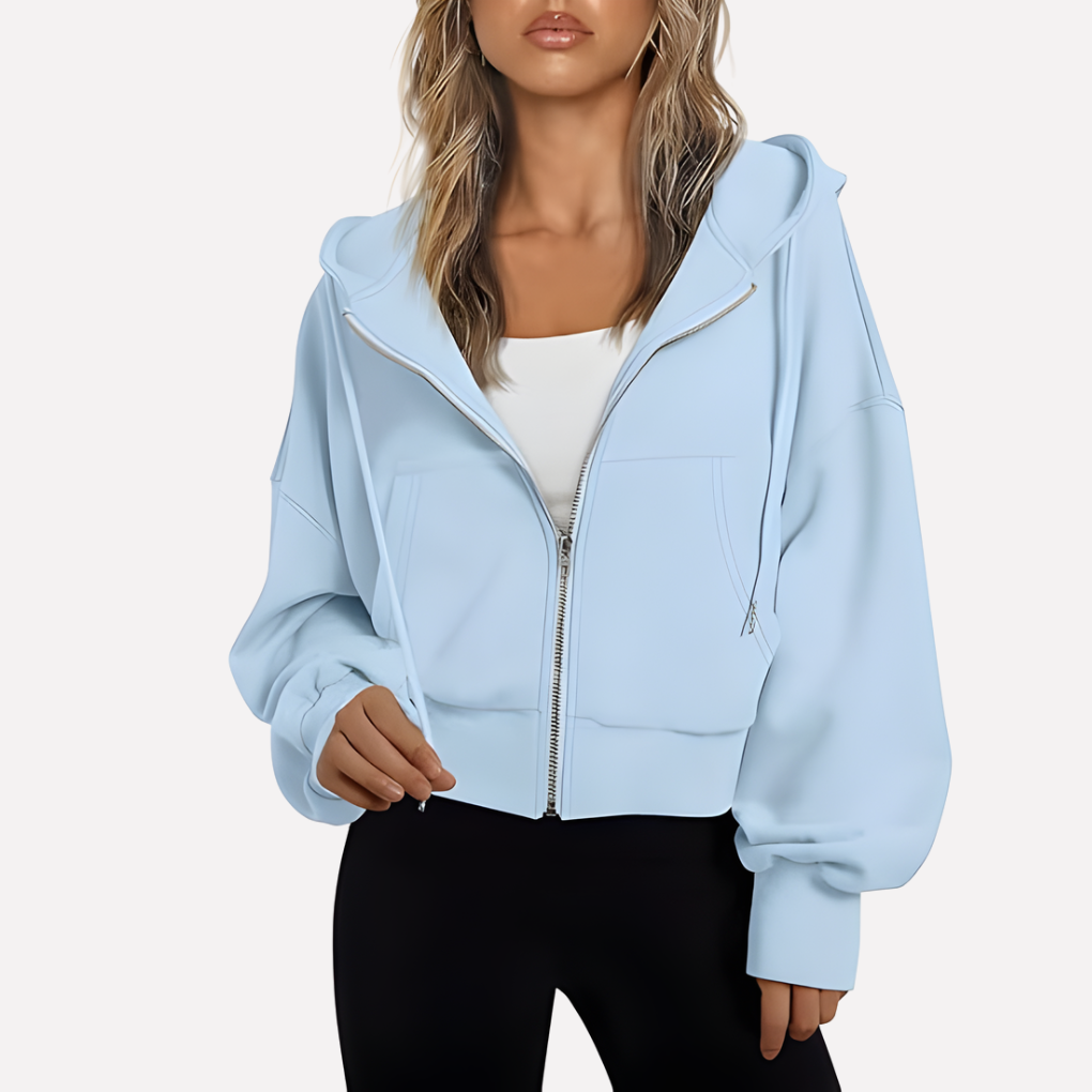 Women’s cropped zip hoodie with hood, front zipper, kangaroo pockets, sky blue