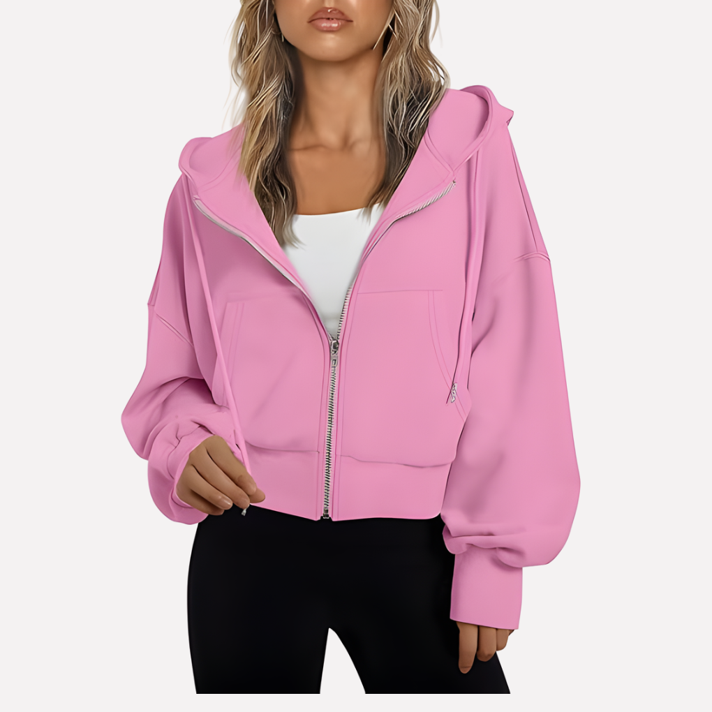 Women’s cropped zip hoodie with hood, front zipper, kangaroo pockets, pink