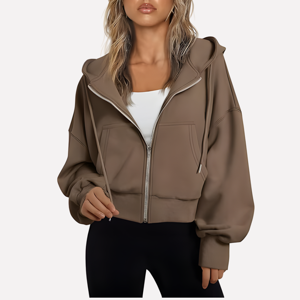 Women’s cropped zip hoodie with hood, front zipper, kangaroo pockets, brown