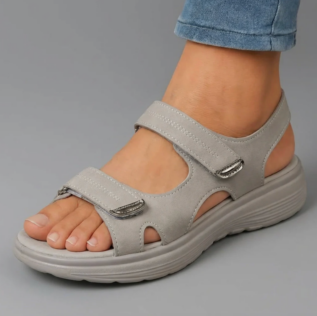 Cushioned adjustable casual sandals in light grey with two hook-and-loop straps
