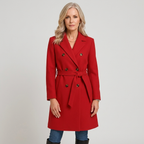 Women’s red double-breasted A-line coat with belt and notched lapels, lined
