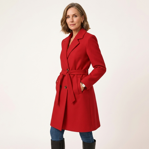 Women’s red double-breasted A-line coat with tied belt, long sleeves, lined