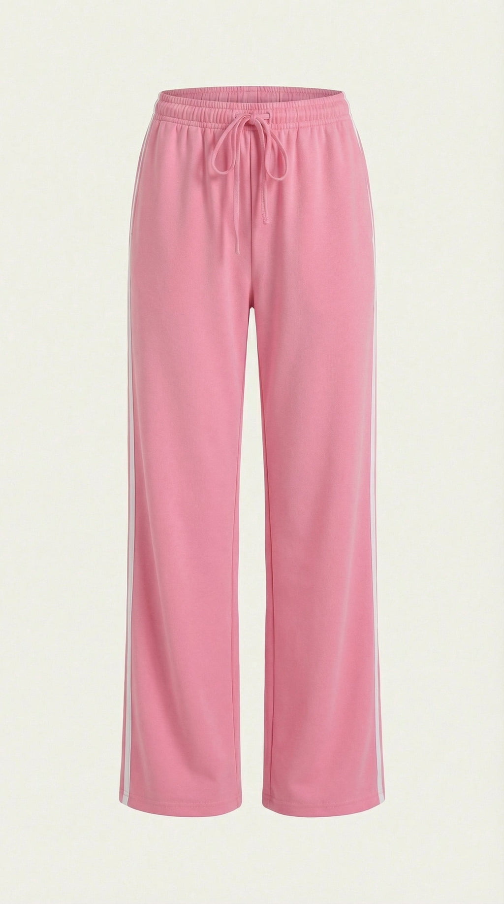 Pink wide-leg track pants on a flat view, elastic waistband with drawstring