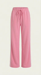 Pink wide-leg track pants on a flat view, elastic waistband with drawstring