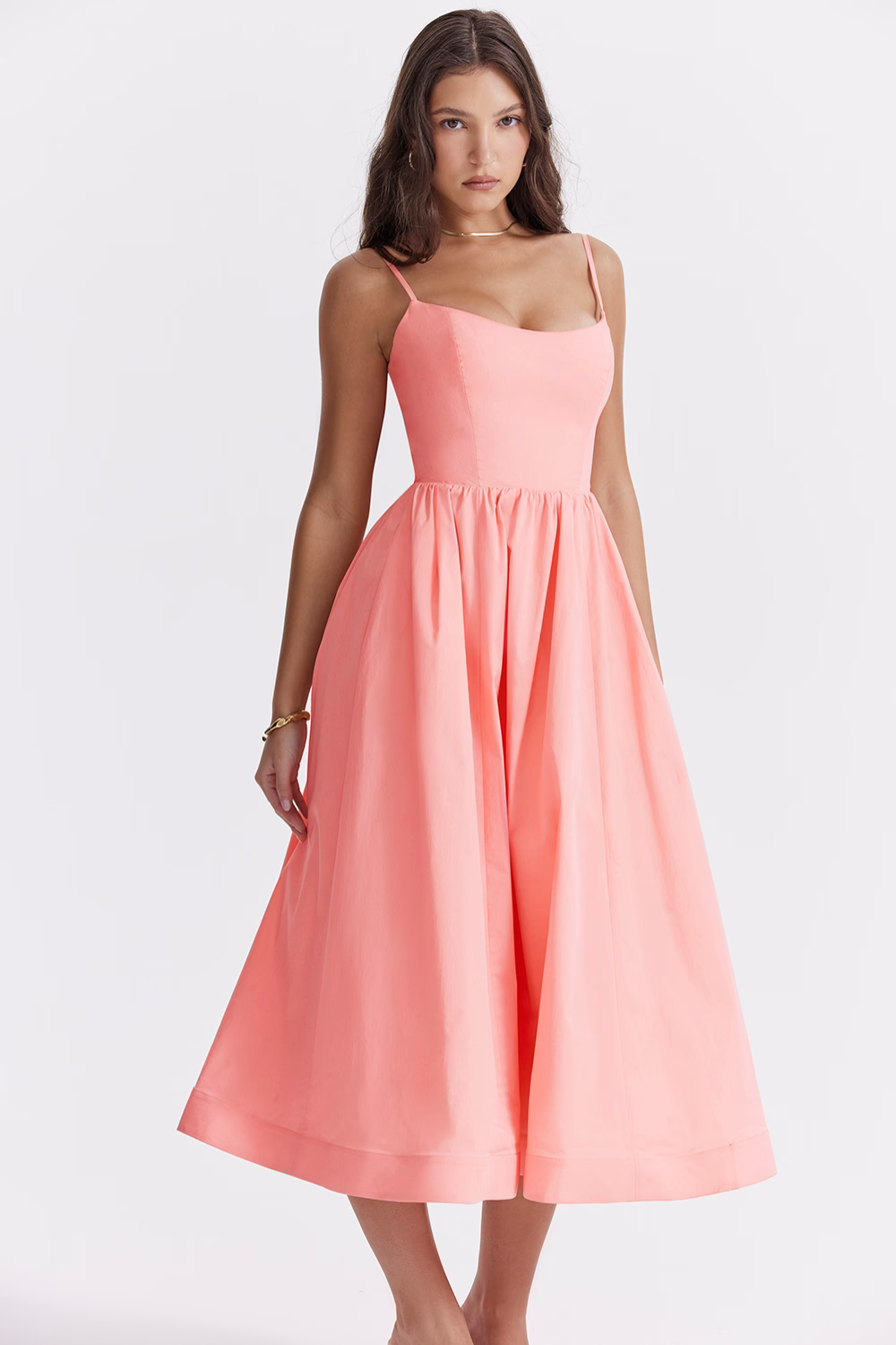 Pink corset midi dress with square neckline, sleeveless bodice, and gathered skirt