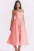 Pink corset midi dress with square neckline, sleeveless bodice, and gathered skirt