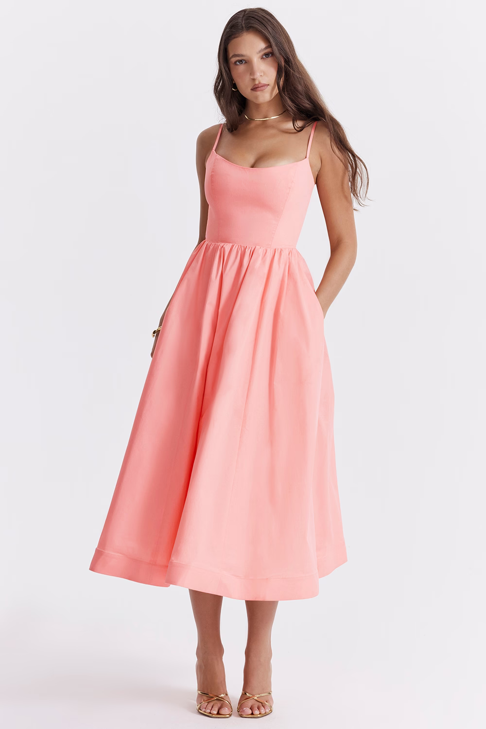 Pink corset midi dress with thin straps and gathered waist, full A-line skirt
