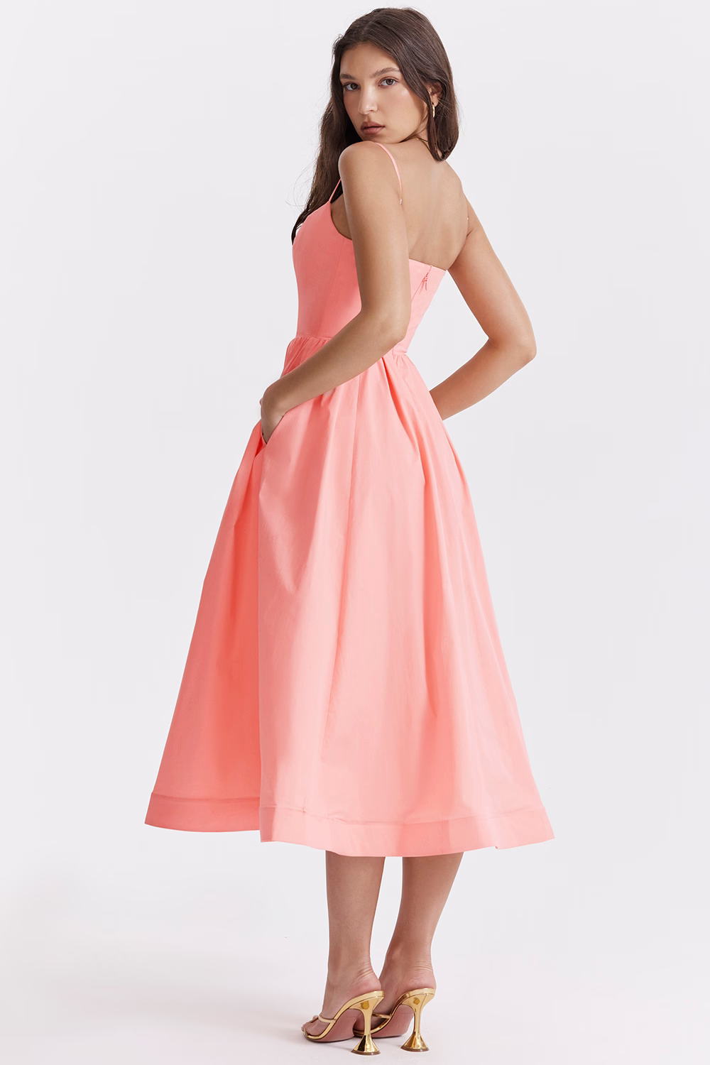 Pink corset midi dress sleeveless with thin straps and flared gathered skirt, side view