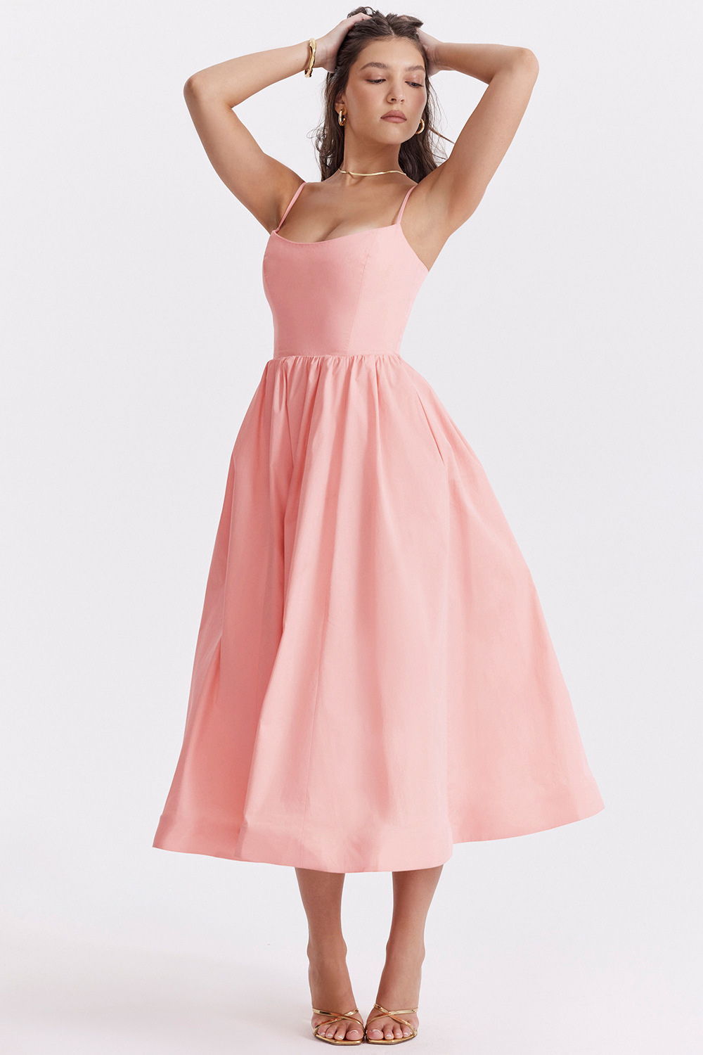 Pink corset midi dress with square neckline, sleeveless bodice, and gathered full skirt