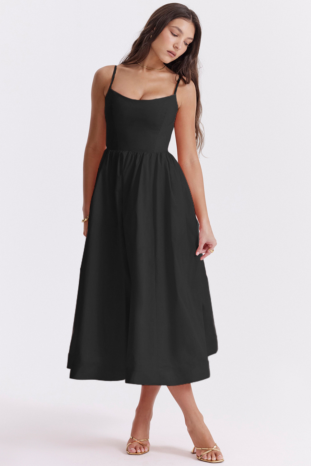 Black corset midi dress sleeveless with thin straps and gathered A-line skirt