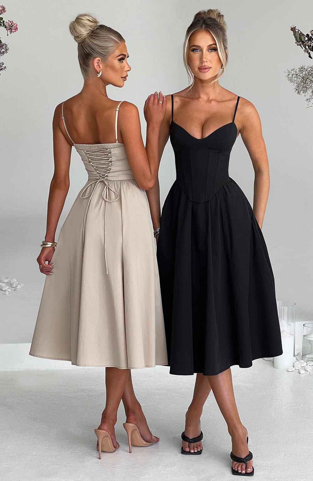 Beige corset midi dress with spaghetti straps and ruched waist, A-line pleated skirt
