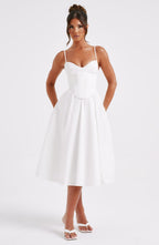 White corset midi dress with spaghetti straps and fitted waist, A-line pleated skirt
