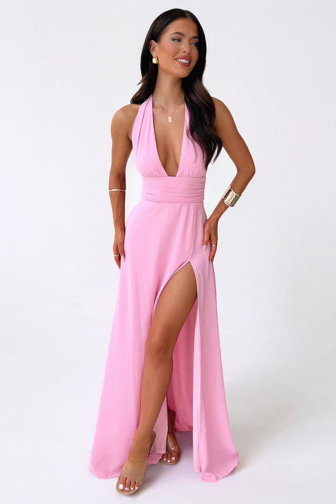 Women’s halter maxi dress in pink, V-neck bodice with high side slit