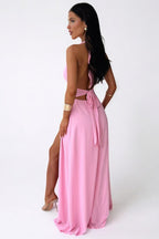 Women’s halter maxi dress in pink with open V back and high side slit