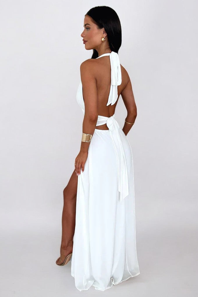 Women’s halter maxi dress in white with open back and high back tie detail